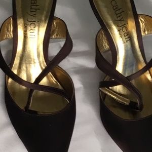 Brown Satin Criss-cross Strap Ankle Heels  Lined in Gold Leather! Very Feminine!